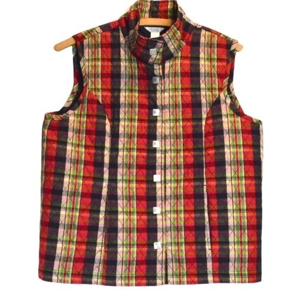 Plaid Lightweight Quilted Mock Neck Vest Snap Closure Pockets Size LARGE